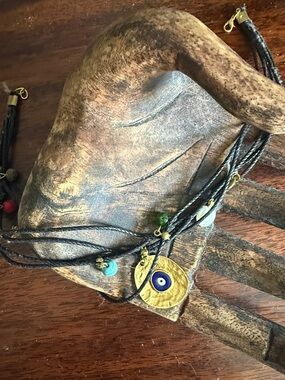 Handmade Brown Leather Cord Necklace with Gold Evil Eye Pendant